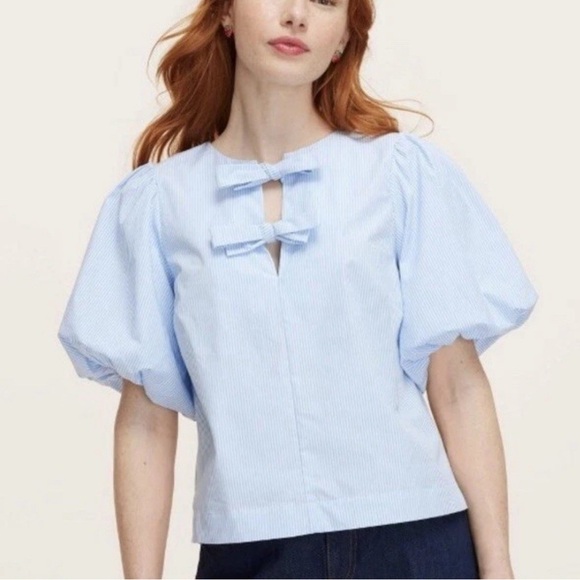Kate Spade X Target Tops - Kate Spade Target White Blue Stripe Puff Sleeve Bows Coastal Preppy Blouse L NWT